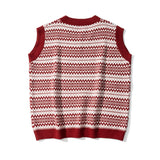 Men Sweater Vest Contrasting Color Jacquard Sweater Vest Vest Men's BF Idle Style Loose V-neck Sleeveless Sweater Coat