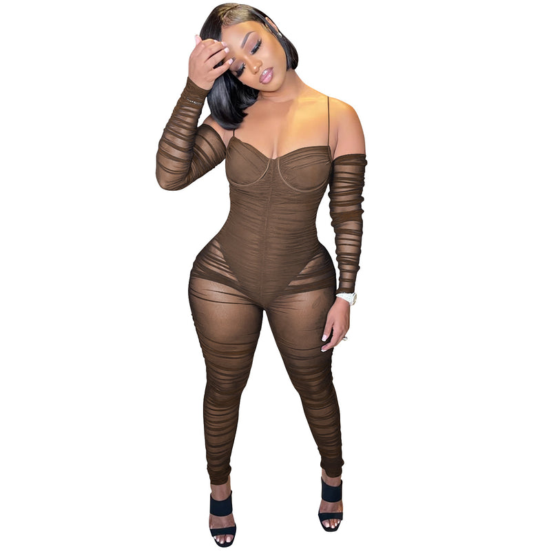 See through Pants Suit Solid Color Fashion Women's Sexy Suspender Ruffled See-through Trousers Jumpsuit