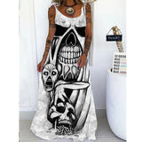 Skull Dress Spring and Summer Women's Clothing Printed Loose plus Size Lace up Dress