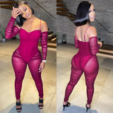 See through Pants Suit Solid Color Fashion Women's Sexy Suspender Ruffled See-through Trousers Jumpsuit