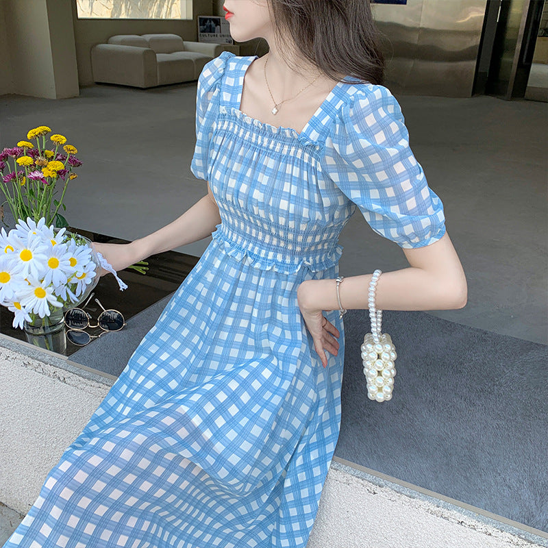Gingham Dress Summer Bubble Sleeve Plaid Square Collar Chiffon Short Sleeve Midi Dress