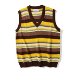 Men Sweater Vest Mixed Color Stripe V-neck Sweater Vest Men's Loose Sleeveless Sweater Idle Style Waistcoat Vest