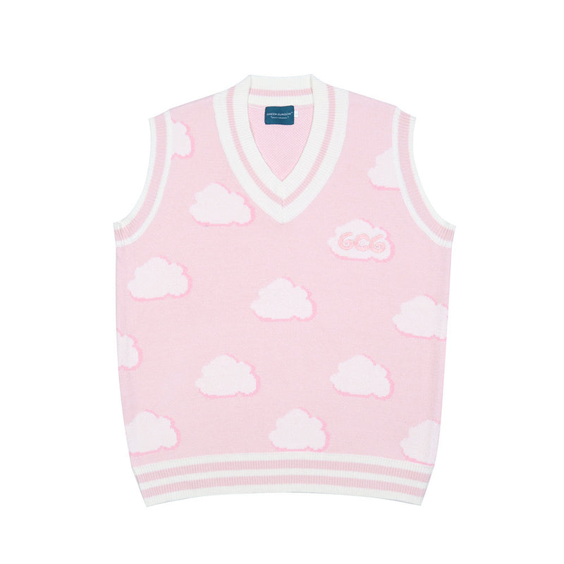 Men Sweater Vest Cloud Jacquard Knitted Vest Men's V-neck Sleeveless Sweater BF Idle Style Vest