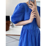 Gingham Dress Square Collar Puff Sleeve Plaid Dress High-Waist Blue Large Swing Dress