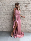 Mauve Dress Summer Fashion Sexy Solid Color And V-neck Pleated Sling Long Irregular Dress