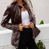 Cute Leather Jacket Autumn and Winter Stand Collar Long-Sleeve Zipper Solid Color Leather Jacket Coat Women