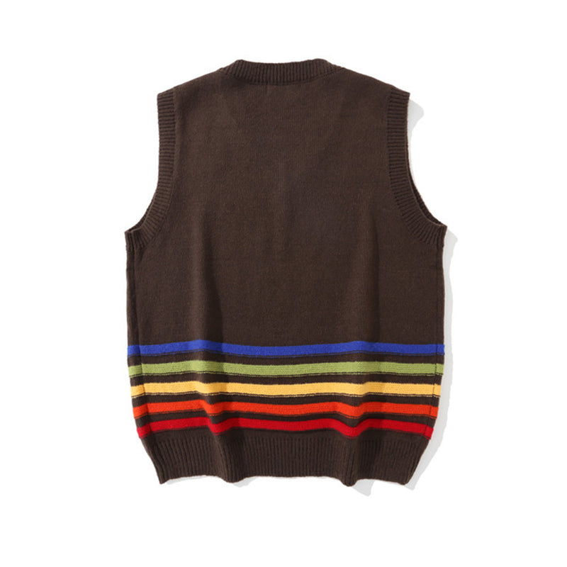 Men Sweater Vest Vintage Rainbow Striped Sweater Vest Men's Loose V-neck Sweater Waistcoat Jacket