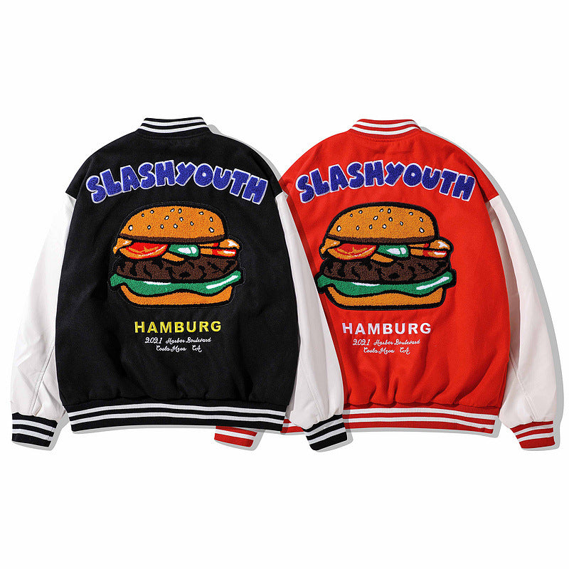 Mens Fall Outfits Color Matching Cartoon Flocking Embroidered Sports Baseball Uniform Men's Loose Casual Couple Coat