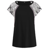 Women's Fall Outfits Color Contrast Patchwork Lace Short-Sleeved T-shirt