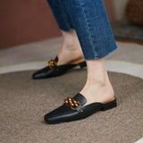 Finn Chain Pointed Toe Mule Cowhide Sandals Women's Summer Outer Wear Closed Toe Half Slippers Flat Mules