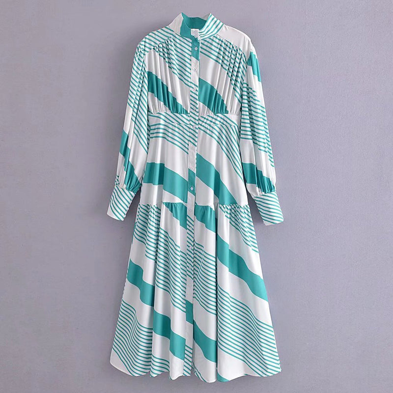 Women Fall Fall Striped Patchwork Stand-Up Collar Waist-Slimming Long Dress Single-Breasted Dress