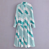 Women Fall Fall Striped Patchwork Stand-Up Collar Waist-Slimming Long Dress Single-Breasted Dress