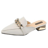 Finn Chain Pointed Toe Mule Closed Toe Half Slippers Women Summer Square Heel Pointed Toe Metal Chain Mules Shoes Women