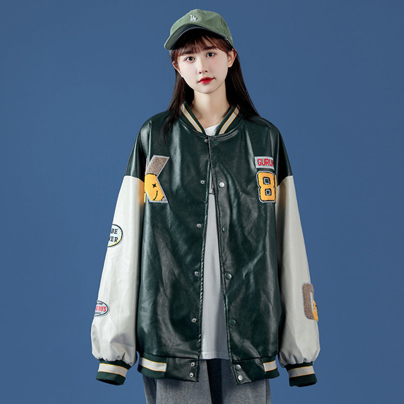 Jock Jacket Embroidered Jacket Men's Couple Denim Jacket PU Leather Jacket Boys Autumn Leather Coat