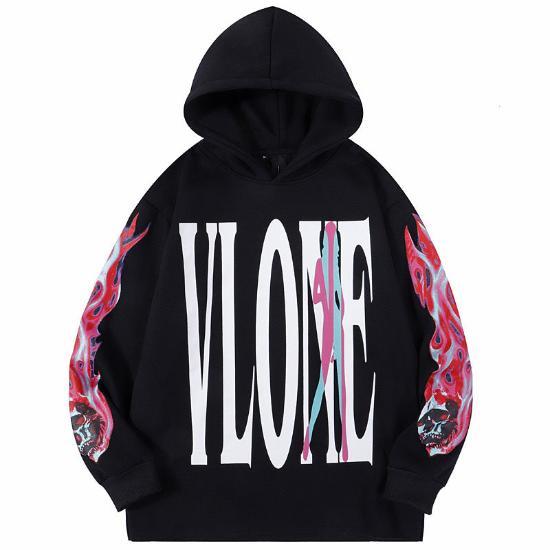 Bone Vlone Hoodie Flame Skull Velvet Padded Hooded Sweatshirt Men and Women Big V Hoodie Coat