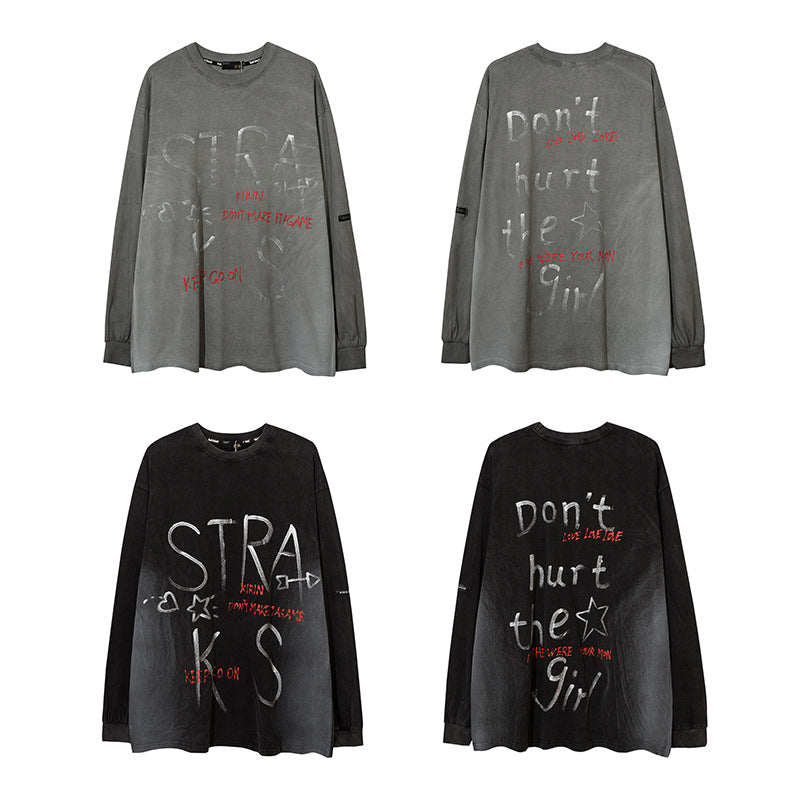 Mens Fall Outfits Retro Dark High Street Hand-Painted Long-Sleeved T-shirt Men Oversize
