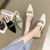 Finn Chain Pointed Toe Mule Closed Toe Half Slippers Women Summer Square Heel Pointed Toe Metal Chain Mules Shoes Women
