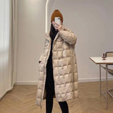 Women Winter Coats Puffer Jacket Down Coat Plaid Stand Collar Mid-Length Female White Duck Down Jacket