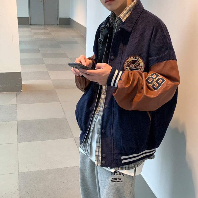 Corduroy Varsity Jacket Men's Corduroy Thick Loose All-Match Motorcycle Jacket Casual Jacket