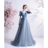 Women'S Evening Dress Ball Gown Princess Quinceanera Wedding Dresses Blue Starlight Deep V-Neck Puff Sleeve Banquet Host Evening Dress
