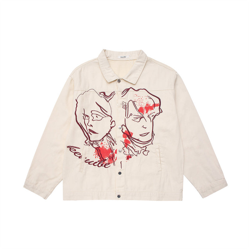 Men Denim Coat Jean Jackets Face Embroidered Denim Jacket Men's Loose Lapels Workwear Jacket Top