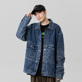 Denim Varsity Jacket Autumn and Winter Design Loose Stitching Turn-down Collar Coat Men's Long-Sleeved Denim Jacket