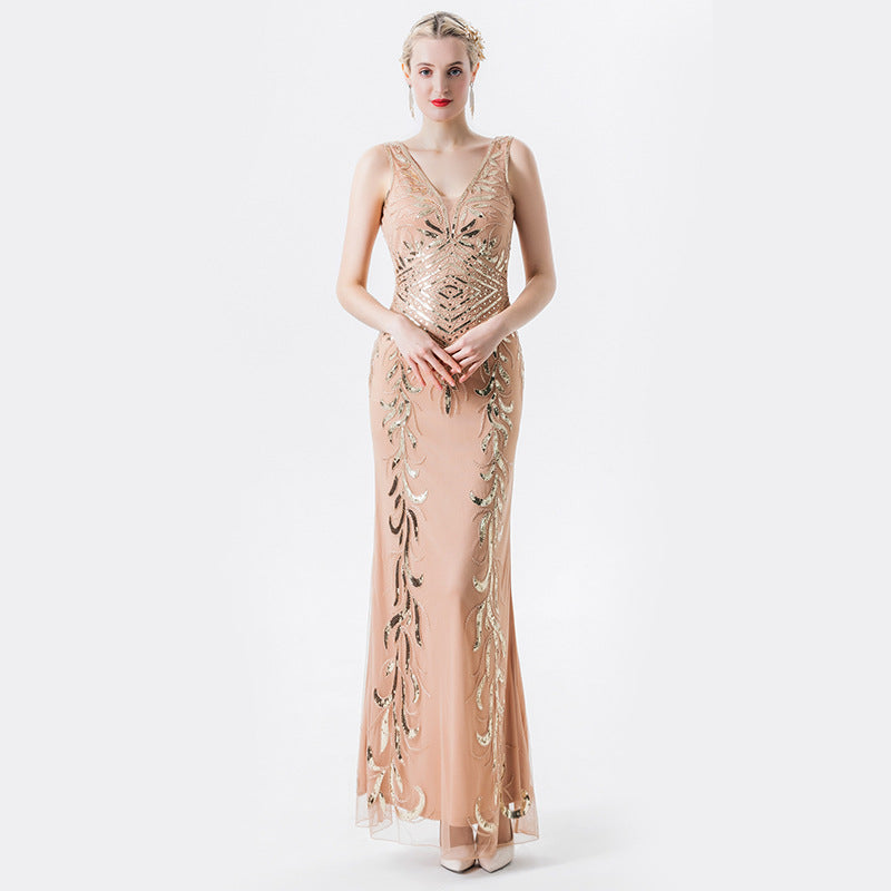 1920S Dress Sequins Dress Temperament Deep V-neck Slim-Fit Dress
