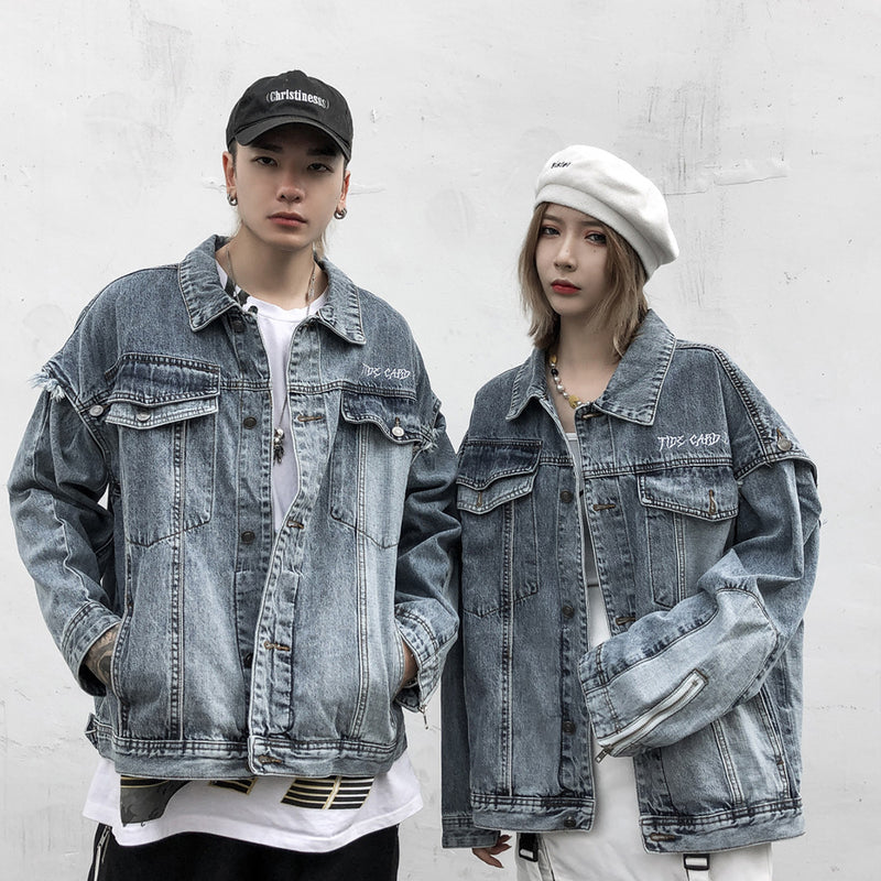 Men Denim Coat Jean Jackets Detachable Cuff Stitching Denim Clothes Jacket Men's Loose Lapels Two-Way Wear Vest Coat