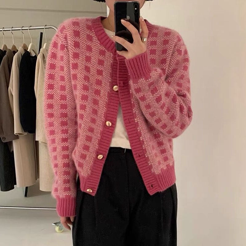 Preppy aesthetic sweater Plaid knitted cardigan women's spring coat