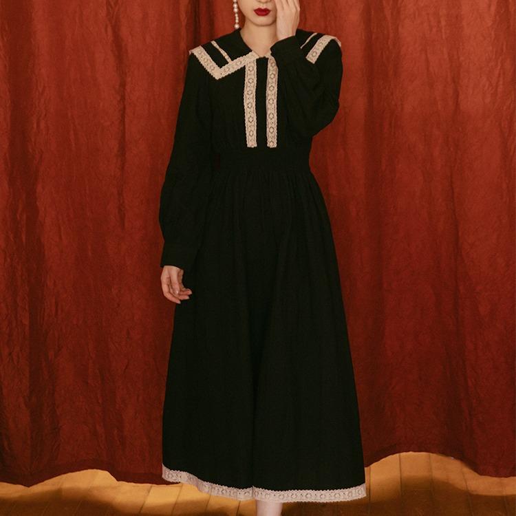 Retro Sailor Collar Black cottagecore aesthetic dress