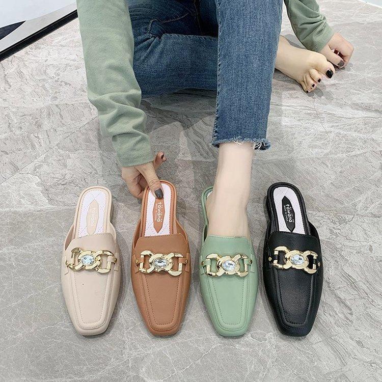 Finn Chain Pointed Toe Mule Rhinestone Bow Ferrule Half Slippers Faux Leather Women's Shoes