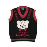Men Sweater Vest Bear Jacquard Color Matching Sweater Vest Men's BF Idle Style Loose V-neck Sleeveless Sweater Vest