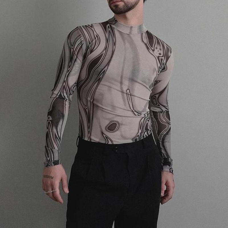 Rave Outfits Men Long Sleeve Shirt Sexy Men's Undershirt Printed Slim Top