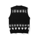 Men Sweater Vest Cartoon Embroidered Knitwear Vest Loose V-neck Sleeveless Sweater BF Idle Style Vest
