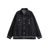 Men Denim Coat Jean Jackets Washed Distressed Frayed Hem Denim Jacket Men's Multi-Pocket Loose Lapels Workwear Jacket
