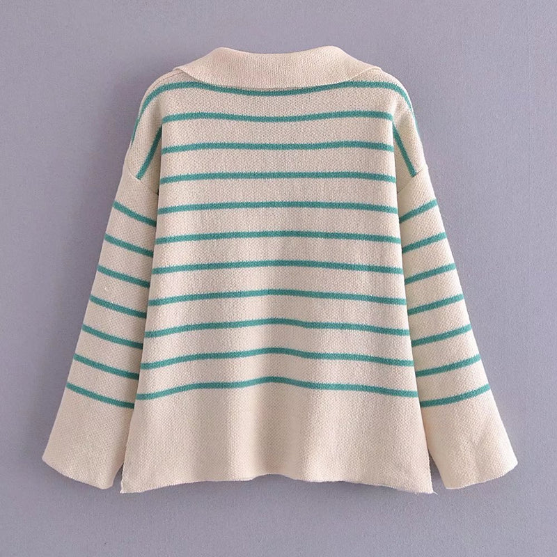 Women Fall Outfits Fall Lapels Striped Loose Pullover Sweater Mid-Length Top