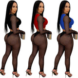 Party Pants Suits Women's Clothing Sexy Color Block Long Sleeve Short Top Mesh