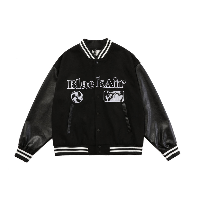 Red Varsity Jacket Blackair Autumn And Winter Embroidery Portrait Retro Color Matching Men 'S And Women 'S Baseball Jacket