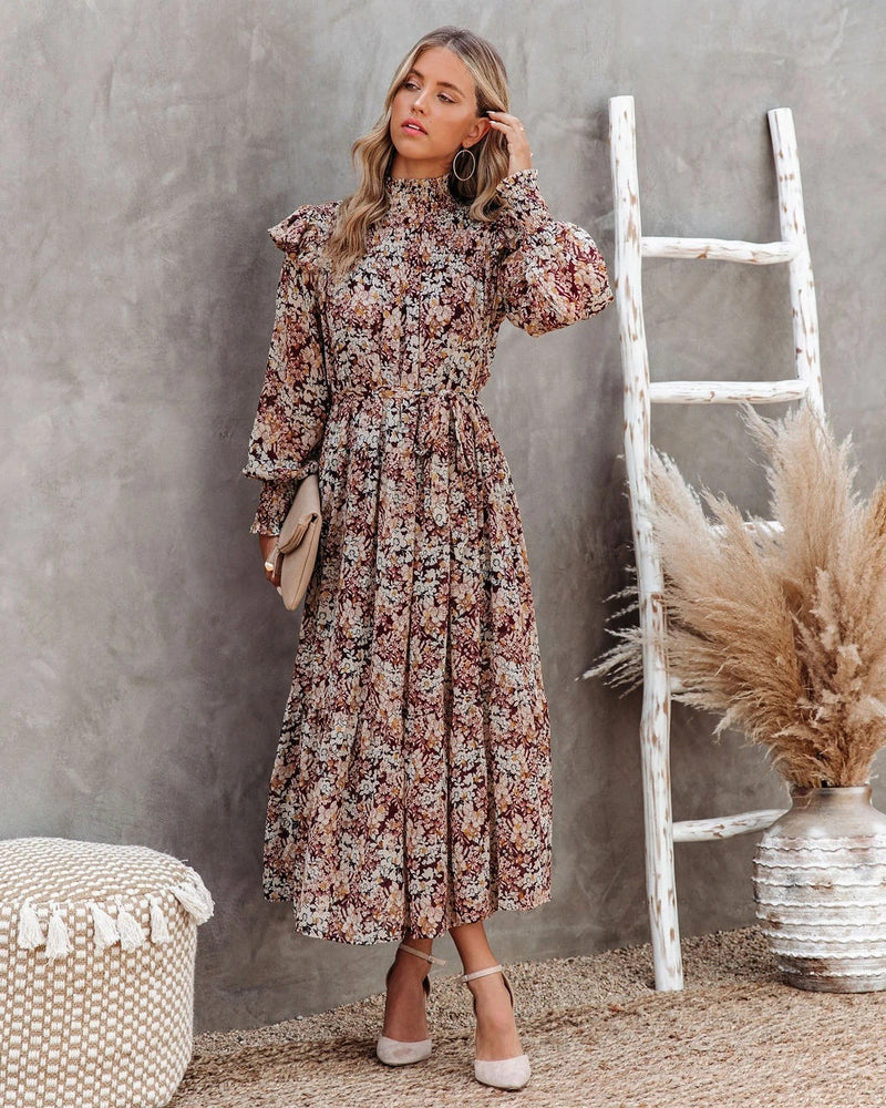 Emery Rose Dresses Pleated Turtleneck Small Floral Print Long Large Hem Long Sleeve Dress