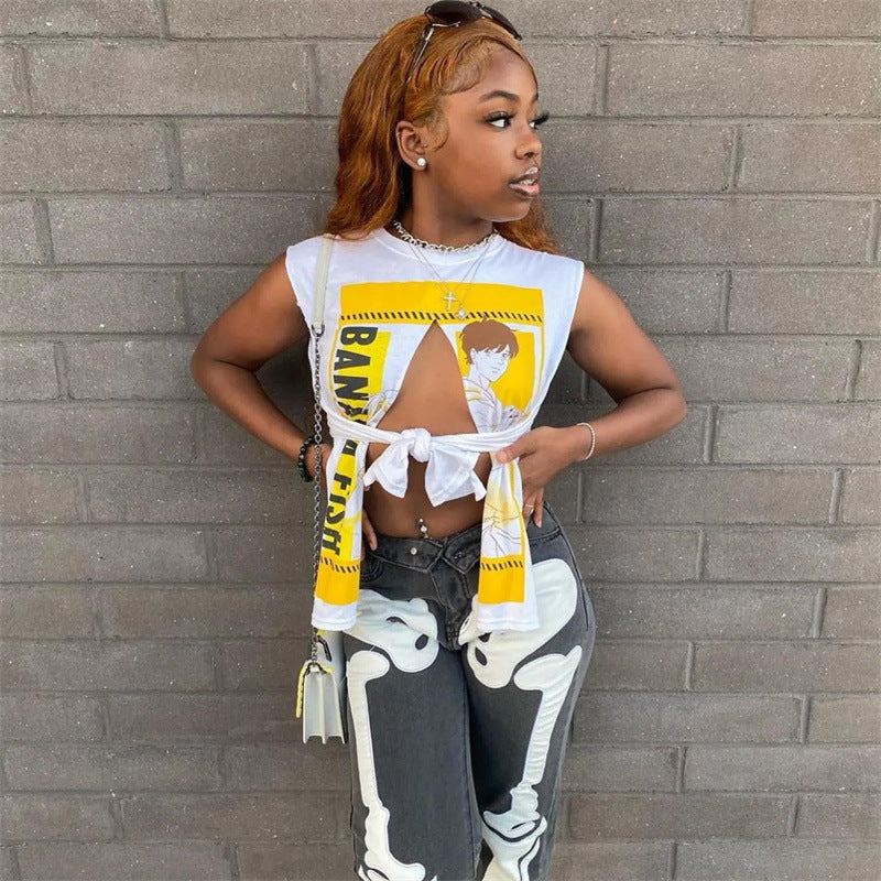 Music Festivals Rave Outfits Girls Tops Summer Women's round Neck Sleeveless Fashion Slim Fit