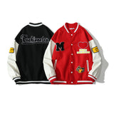 Red Varsity Jacket Vintage Love Embroidered Jacket Street Pu Stitching Cartoon Embroidery Couple Loose Baseball Uniform