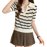 Preppy Aesthetic Sweater Green Striped V-neck Summer Short Sleeve Sweater