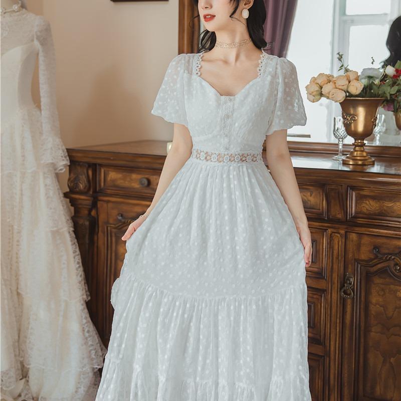 Women Cottagecore Dress Amoi Lace Hollow out Fairy Dress White Dress Square Collar