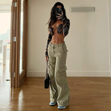 Julia Fox Low Rise Trousers Light Green Workwear Straight-Leg Denim Casual Pants