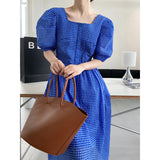 Gingham Dress Square Collar Puff Sleeve Plaid Dress High-Waist Blue Large Swing Dress