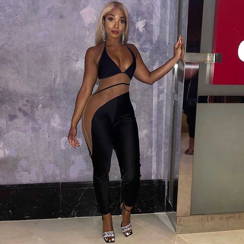 Pure Color Halter Backless Sexy Cutout Mesh Stitching Jumpsuit