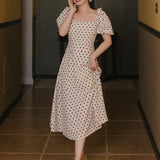 Women's Cottagecore Dress Retro Puff Sleeve Polka Dot Dress Women's Summer Waist Slimming Dress