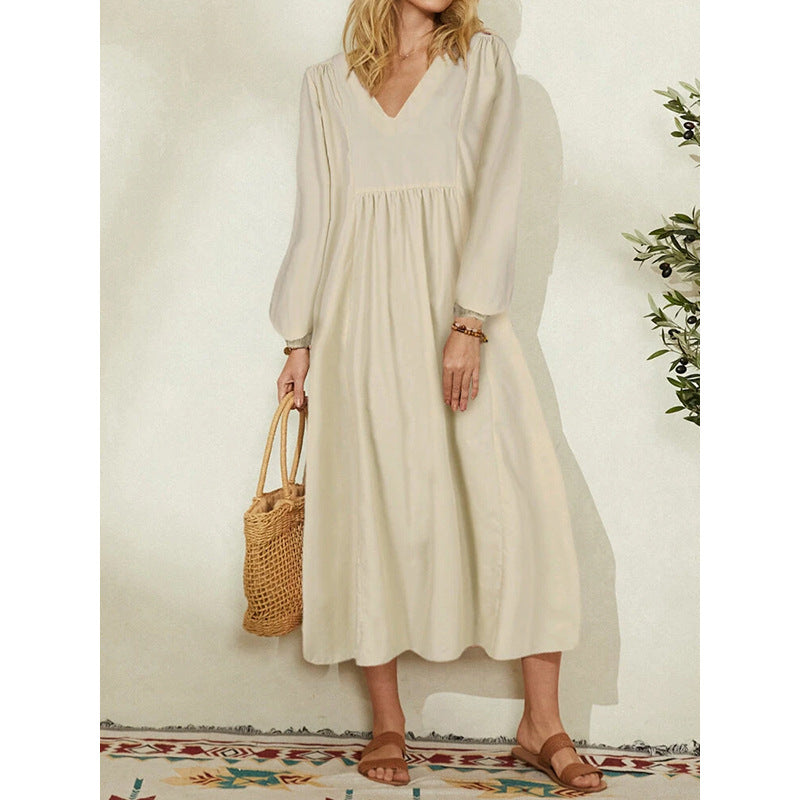 Burnt Orange Dress Women's Spring Fashion Women's Wear Cotton Loose Lantern Sleeve Dress for Women