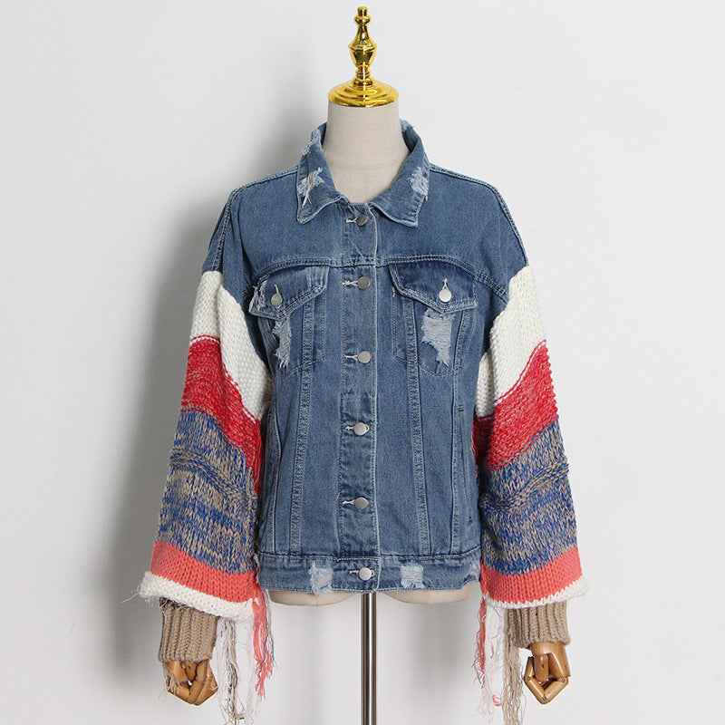 90S Outfits Retro Tattered Jeans Fashion Denim Jacket Women's Contrast Color Wool Knitted Sleeve Coat