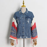 90S Outfits Retro Tattered Jeans Fashion Denim Jacket Women's Contrast Color Wool Knitted Sleeve Coat